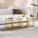 Nesting Coffee Table Set of 3 with Faux Marble Tabletop and Powder-coated Gold Metal Frame-White