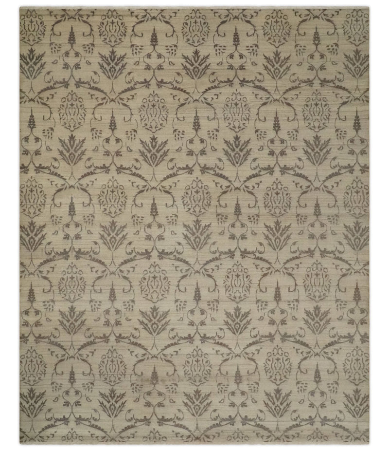 Neutral 8x10 Hand Knotted Camel and Brown Floral Traditional Antique Style Wool Area Rug