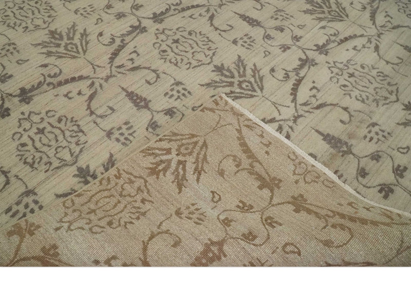 Neutral 8x10 Hand Knotted Camel and Brown Floral Traditional Antique Style Wool Area Rug