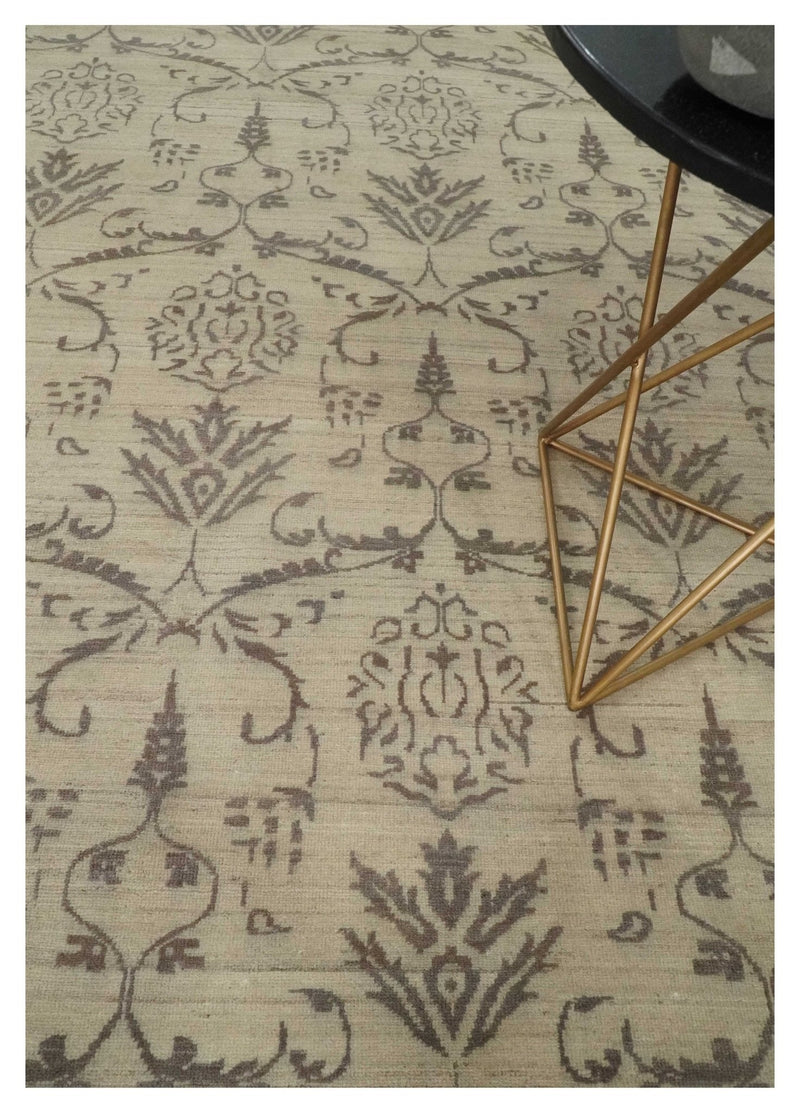 Neutral 8x10 Hand Knotted Camel and Brown Floral Traditional Antique Style Wool Area Rug