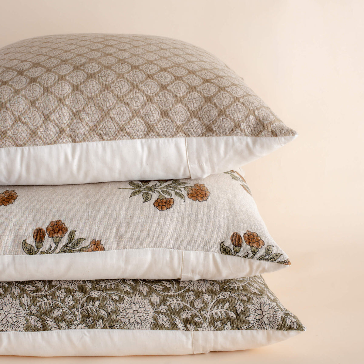 Leila Floral Block Printed Pillow Cover | Olive Green, photo 7 of 9