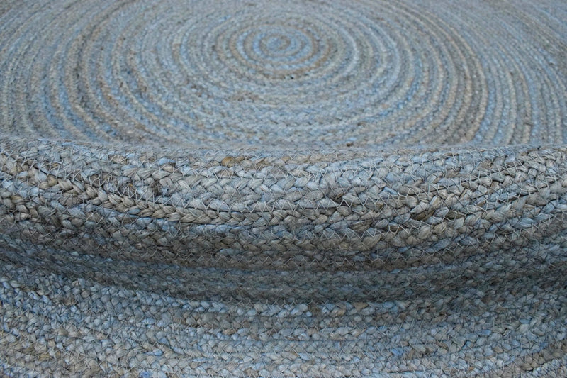 100% All Natural Fiber Hand Braided Boho Blue Round Jute Rug | JR1