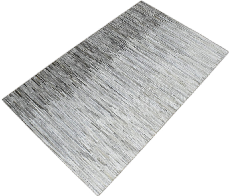 5x8 Hairon Genuine Leather Stripe Design Handmade Gray and Silver Area Rug | LR5B