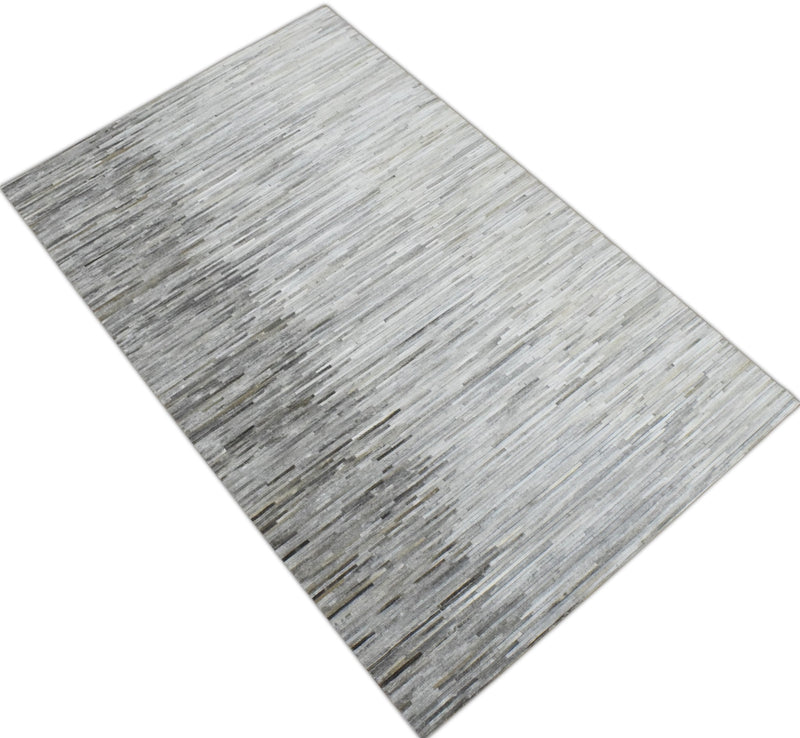 5x8 Hairon Genuine Leather Stripe Design Handmade Gray and Silver Area Rug | LR5B