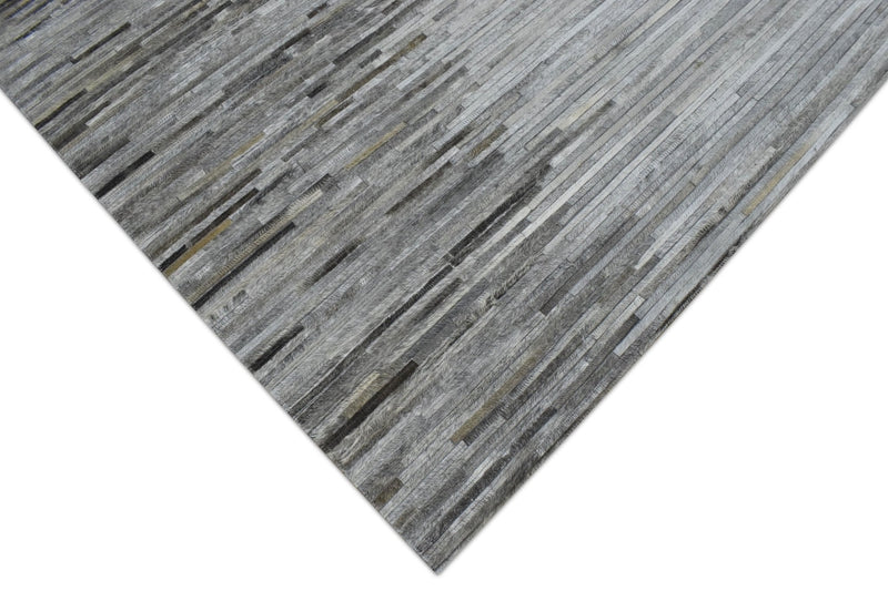 5x8 Hairon Genuine Leather Stripe Design Handmade Gray and Silver Area Rug | LR5B