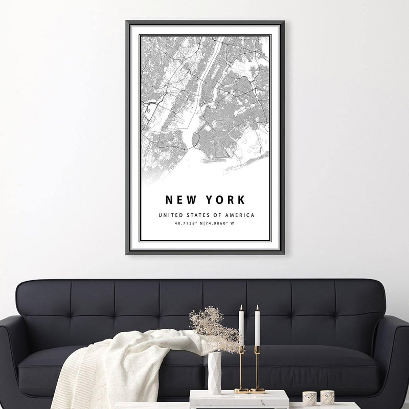 New York White Map Canvas