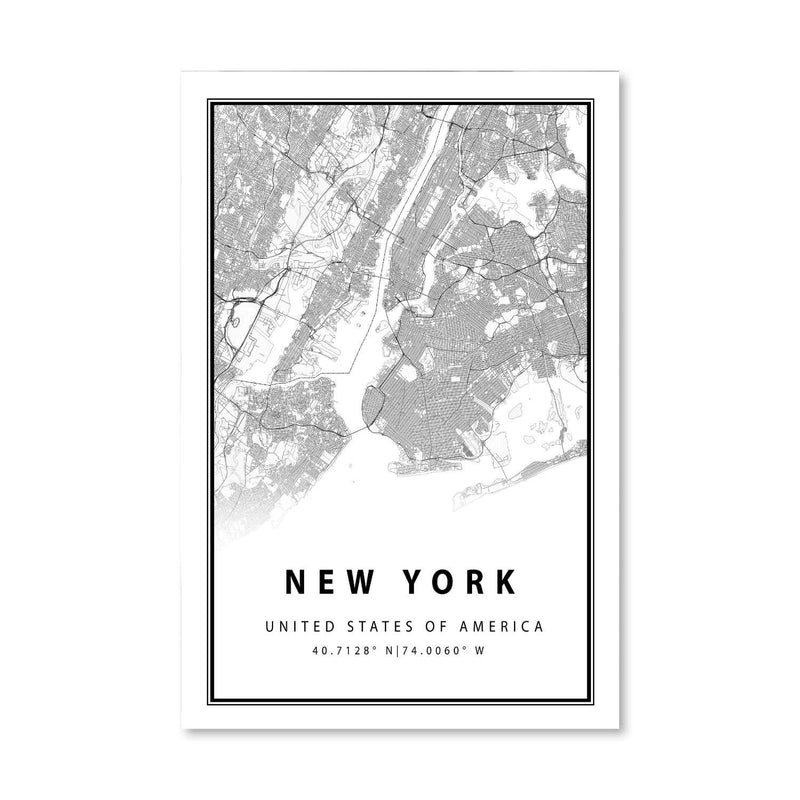 New York White Map Canvas