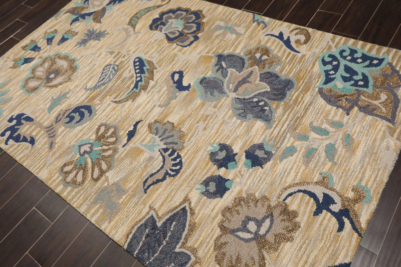 5' x 8' Handmade Wool Loop Pile Floral Traditional Oriental Area Rug Beige