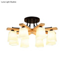 GobekUsa Nordic Black and Wood Semi Flush Mount Chandelier with Milk Glass Shade - 3/6/8 Light Ceiling Fixture for Living Room