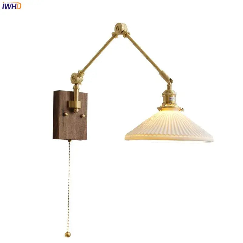 GobekUsa Copper Wall Lamp with Pull Chain Switch, Nordic Design, LED Bulb, Ceramic Lampshade