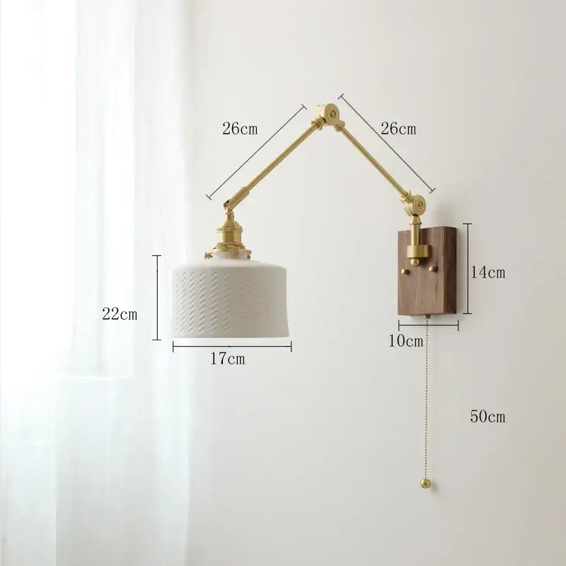 GobekUsa Copper Wall Lamp with Pull Chain Switch, Nordic Design, LED Bulb, Ceramic Lampshade, photo 10 of 23