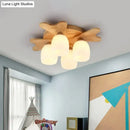 GobekUsa Nordic Cream Glass Bell Flush Ceiling Light with Antler Top and Wood Accents