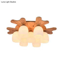 GobekUsa Nordic Cream Glass Bell Flush Ceiling Light with Antler Top and Wood Accents