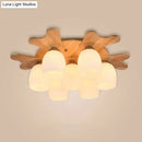 GobekUsa Nordic Cream Glass Bell Flush Ceiling Light with Antler Top and Wood Accents