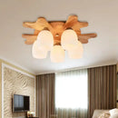 GobekUsa Nordic Cream Glass Bell Flush Ceiling Light with Antler Top and Wood Accents
