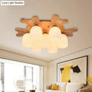 GobekUsa Nordic Cream Glass Bell Flush Ceiling Light with Antler Top and Wood Accents