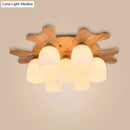 GobekUsa Nordic Cream Glass Bell Flush Ceiling Light with Antler Top and Wood Accents