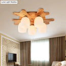 GobekUsa Nordic Cream Glass Bell Flush Ceiling Light with Antler Top and Wood Accents