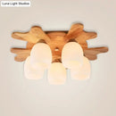 GobekUsa Nordic Cream Glass Bell Flush Ceiling Light with Antler Top and Wood Accents