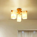 GobekUsa Nordic Cuboid Cream Glass Ceiling Lamp - Beige Semi Flush Mount Light for Living Room (3/5/8 Bulbs)
