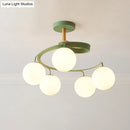 GobekUsa Nordic Iron Swirl Flush Chandelier with 5 Bulbs, Grey/Green Semi Flush Ceiling Light featuring Orb Glass Shade and Wood Downrod