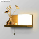 GobekUsa Nordic Milk Glass Cube Wall Sconce with Wood Shelf, Pull Chain - 1-Bulb Wall Light