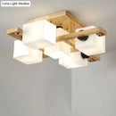 GobekUsa Nordic Style Flush Mount Chandelier with White Glass and Wood Canopy for Living Room Lighting