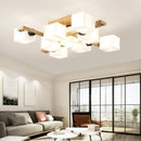 GobekUsa Nordic Style Flush Mount Chandelier with White Glass and Wood Canopy for Living Room Lighting