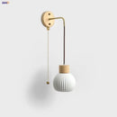 Nordic white ribbed ceramic wood wall sconce – bedroom pull chain light by Decorbites
