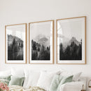 Black White Forest Triptych. Misty Mountains Nature Posters by Wall Art Set