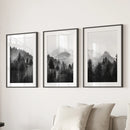 Black White Forest Triptych. Misty Mountains Nature Posters by Wall Art Set