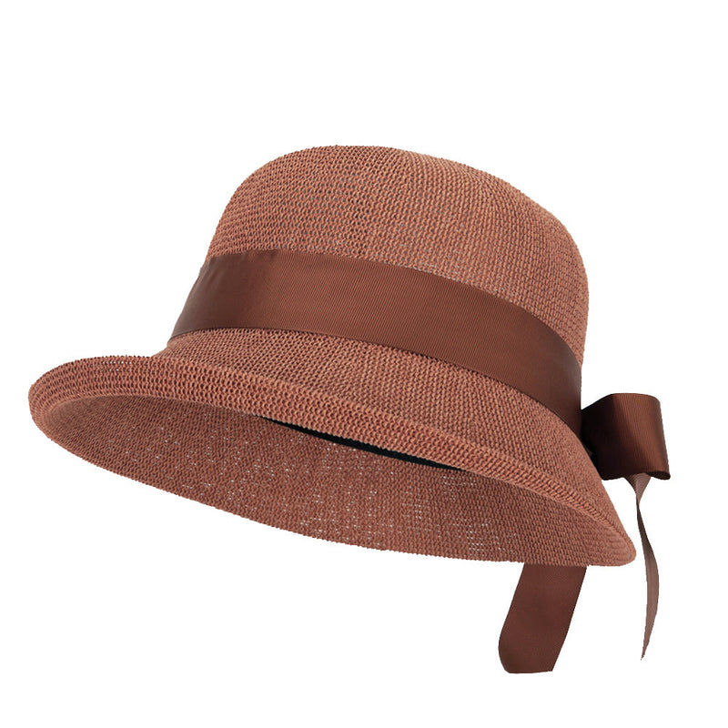 Women's Paper Woven Turn Up Front Brim Wide Ribbon Cloche Hat
