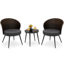 3 Pieces Patio Rattan Bistro Set with 2 Seat Cushions and Tempered Glass Tabletop-Brown by LJGDeals