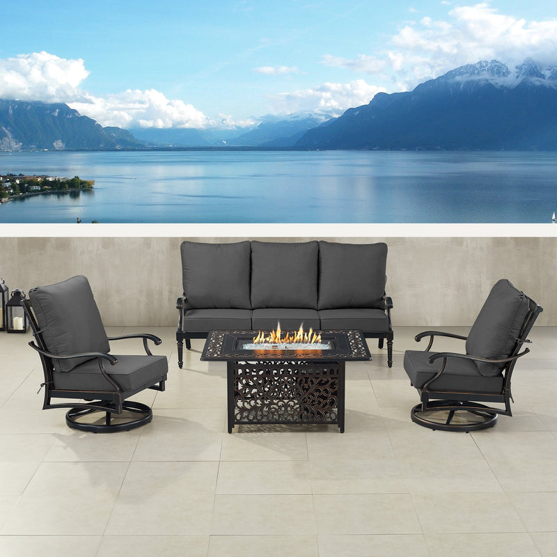 Black Aluminum Fire Table Set with Sofa and Two Club Chairs