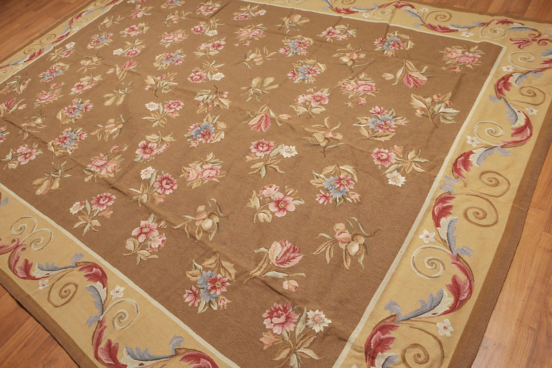 9' x 12' Hand woven Wool French Aubusson Needlepoint Area rug Brown