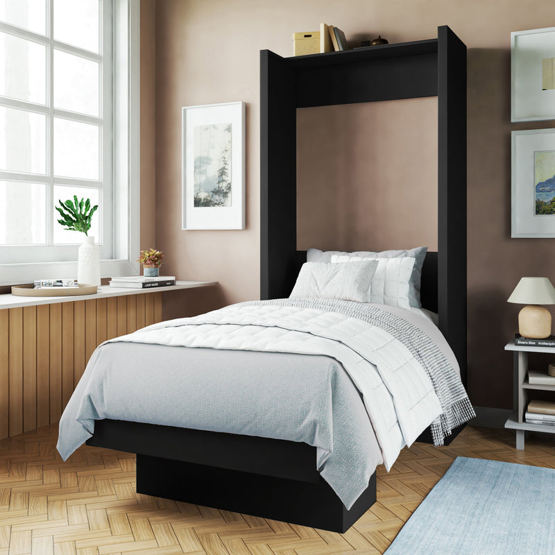 Easy-Lift Twin Murphy Wall Bed in Black with Shelf