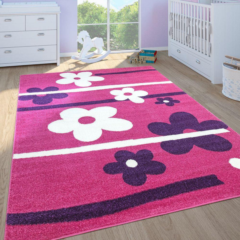 Nursery Rug for Girls Pink with white Flowers