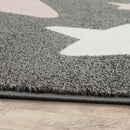 Nursery Rug for Kids in Grey with Pink White Pastel Stars
