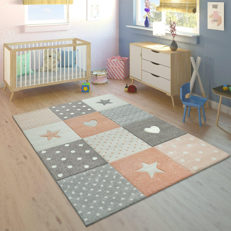 Nursery Rug Kids Checked Dots Hearts Stars in Pastel Apricot Grey
