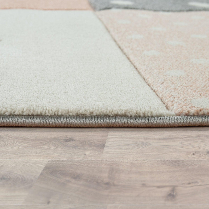 Nursery Rug Kids Checked Dots Hearts Stars in Pastel Apricot Grey