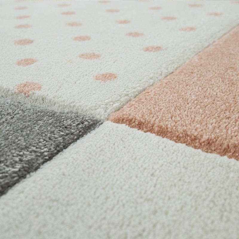 Nursery Rug Kids Checked Dots Hearts Stars in Pastel Apricot Grey