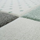 Nursery Rug Kids Checked Dots Hearts Stars in Pastel Green Grey
