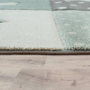 Nursery Rug Kids Checked Dots Hearts Stars in Pastel Green Grey