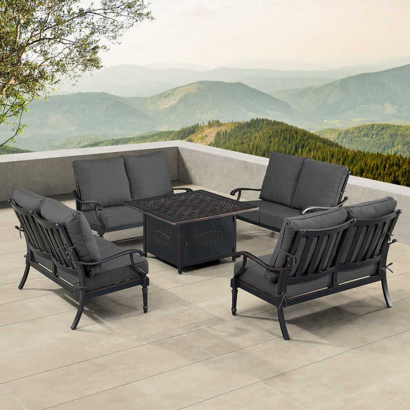 Black Aluminum Fire Table Set with Four Deep Seating Loveseats