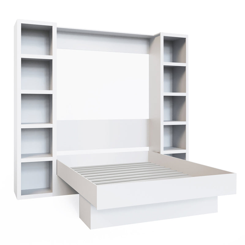 Easy-Lift Full Murphy Wall Bed in White with Two Bookshelves