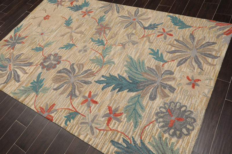 5x8 Beige Handmade Wool Loop Pile Floral Traditional Oriental Area Rug