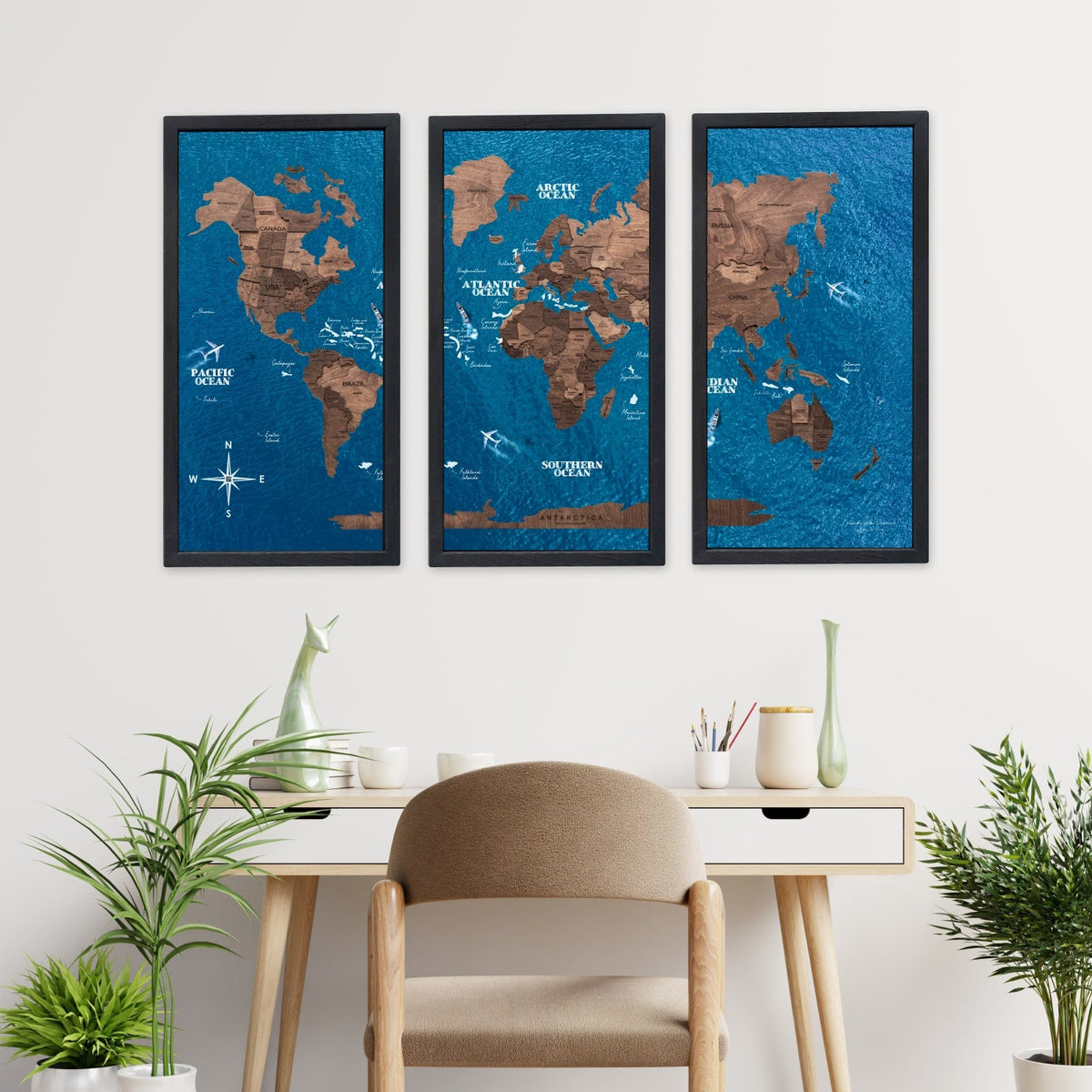 Triptych Wooden World Map (Dark Walnut), photo 11 of 12