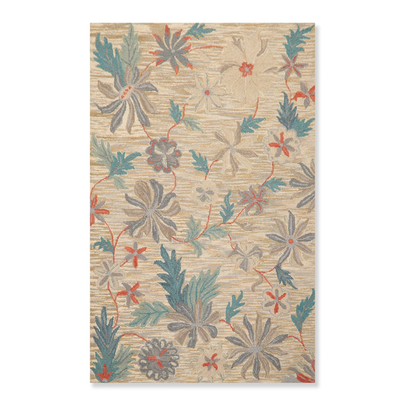 5x8 Beige Handmade Wool Loop Pile Floral Traditional Oriental Area Rug