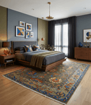 Olive and Blue Wool Area Rug Oushak Handcrafted Hand Knotted Traditional Turkish