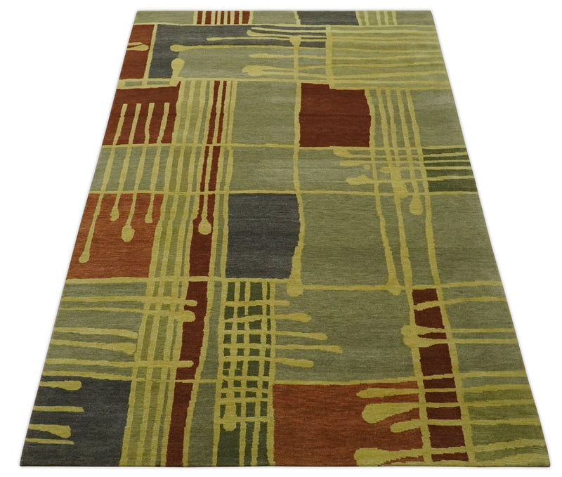 Olive, Brown and Gray Modern Geometrical Stripes Design Hand loom 5x8 wool Area Rug